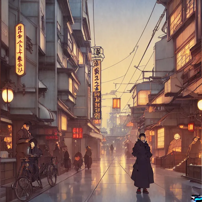 Image similar to japanese big city, winter, in the style of studio ghibli, j. c. leyendecker, greg rutkowski, artem