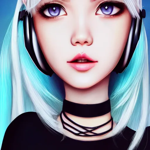 Image similar to realistic teasing detailed semirealism beautiful gorgeous cute Blackpink Lalisa Manoban white hair white cat ears blue eyes, wearing black camisole outfit, headphones, black leather choker full HD 4K high resolution quality WLOP, Aztodio, Taejune Kim, Guweiz, Pixiv, Instagram, Artstation