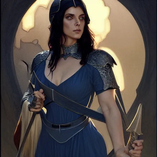 Image similar to Ashley Greene with dark blue hair as Joan of Arc, western, D&D, fantasy, intricate, elegant, highly detailed, digital painting, artstation, concept art, matte, sharp focus, illustration, art by Artgerm and Greg Rutkowski and Alphonse Mucha