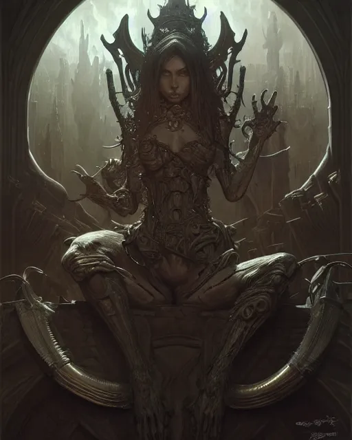 Image similar to art by giger, deep focus, d & d, dark fantasy, intricate, elegant, highly detailed, digital painting, artstation, concept art, matte, sharp focus, 8 k 3 d, hearthstone, art by artgerm and greg rutkowski and alphonse mucha