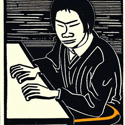 Prompt: portrait of a programmer by makoto yukimura, woodcut