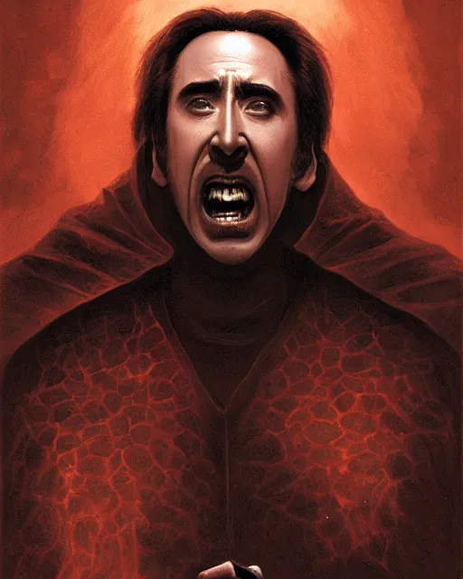 Image similar to nicolas cage as dracula, highly detailed, centered, artstation, concept art, smooth, sharp focus, illustration, bokeh art by artgerm and donato giancola and joseph christian leyendecker zdzisław beksinski