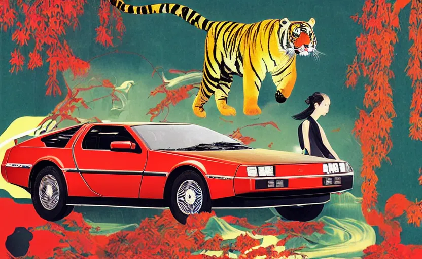 Prompt: a red delorean with a yellow tiger, art by hsiao - ron cheng and utagawa kunisada in a magazine collage, # de 9 5 f 0