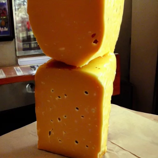 Prompt: anthropomorphic cheese wedge, man with cheese for a head, cheese wedge man. man is similar to a golem of cheese. This man is made COMPLETELY of cheese! Photograph of Cheese. Supercheese man!