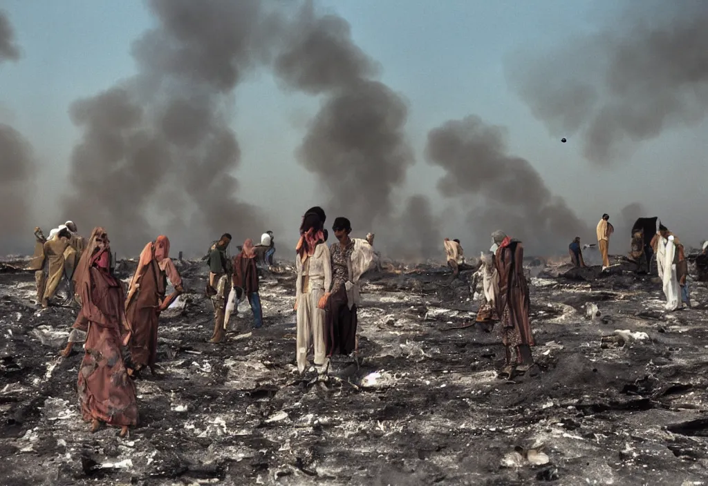 Image similar to fashion editorial in Kuwait oil fields fire. 1991. wide angle shot. highly detailed. depth of field. high definition. 8k. photography.