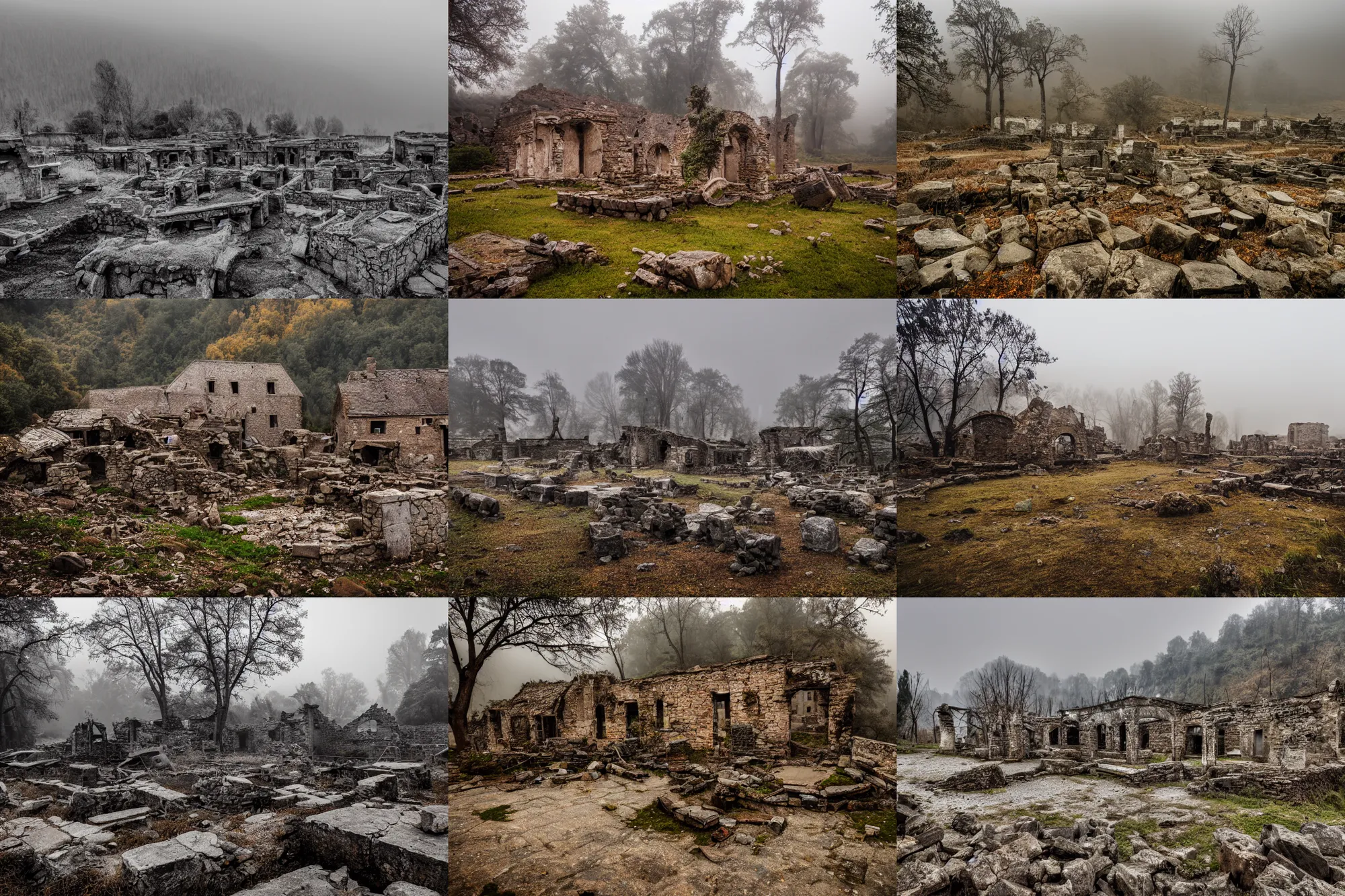 Prompt: A landscape photograph of village ruins in a foggy valley, industrial debris, boulders, rusty structures, high resolution, Sony A7RIV, Zeiss wide angle lens,