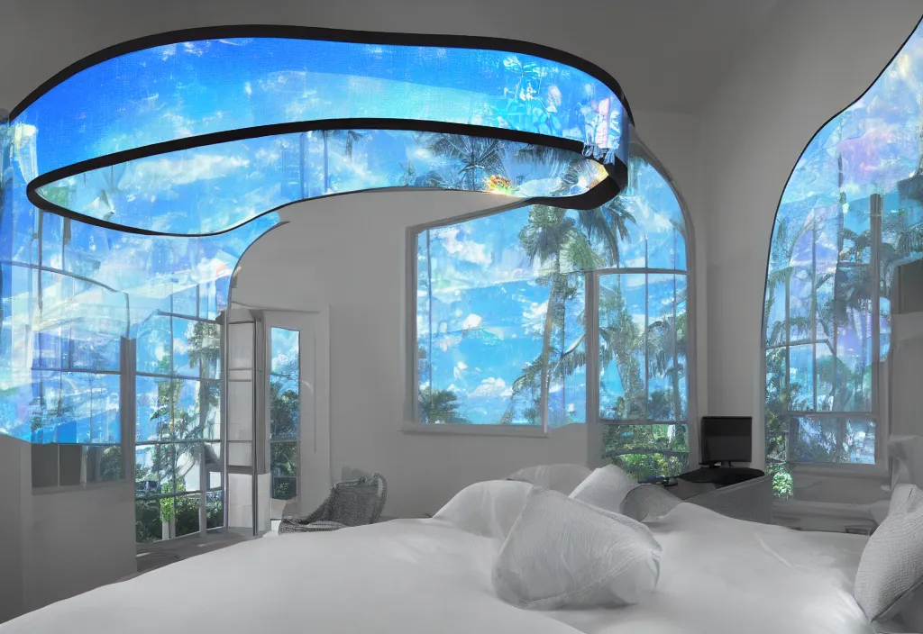 Prompt: curved translucent windows projecting florida hologram weathermap, pixel perfect photograph, high contrast, volumetric lighting, thin glowing lights, bedroom, visor, users, pair of keycards on table