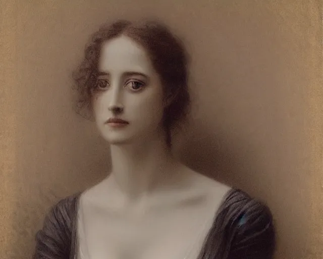Prompt: portrait en buste of eva green in repose by Hughes Merle, by Pierre Auguste Cot, lackadaisical, aimless mood, perfectly detailed eyes, realistic fabric, abundant detail