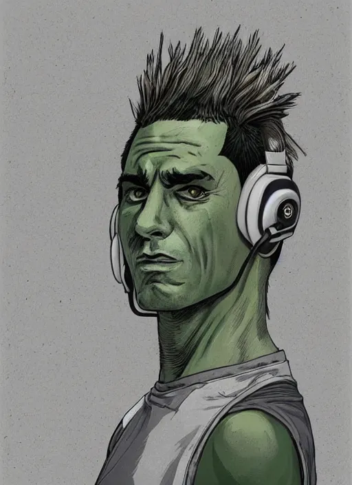 Image similar to portrait of a man with gray and green mohawk wearing a gray headset and brown tank top, gray and green mohawk, gray headset, brown tank top. art by oliver bonhomme, oliver bonhomme artwork. portrait.