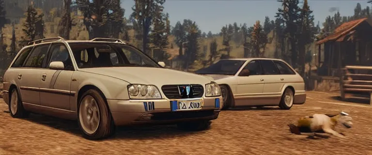 Prompt: Audi A4 B6 Avant (2002) chasing a bandit on a horse in Red Dead Redemption 2