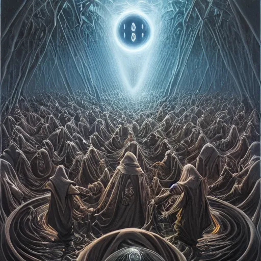 Image similar to a dark cabal of multiple hooded elven mystics in long dark robes gathered in a circular formation around a quantum computer processing the spirits of the dead, dan seagrave art, michael whelan