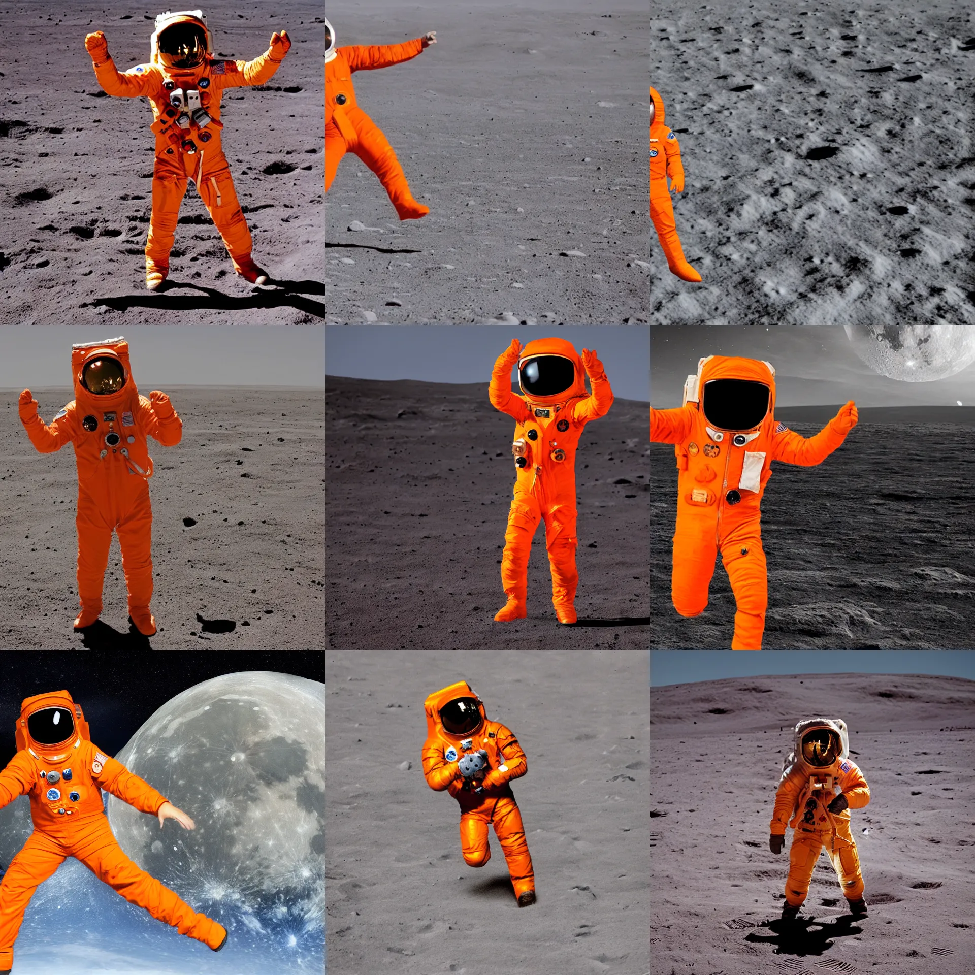 Prompt: a man wearing an orange astronaut suit dancing on the moon's surface, destroyed planet earth in the background
