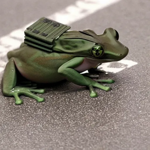 Image similar to a rare military frog equipped with rocket launcher and night vision target acquisition system, photo from janes weekly