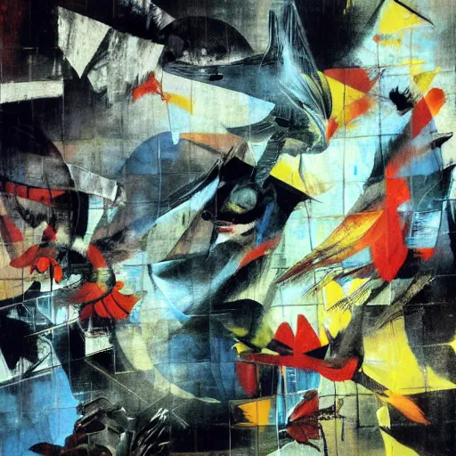 Image similar to the progressive rasterization of a bird, oil on canvas by dave mckean and yoji shinkawa and roberto matta
