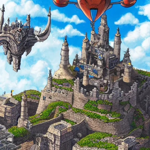 Image similar to Detailed digital illustration close up view on medieval castle fly in the sky Akira Toriyama and Blizzard Concept Artists