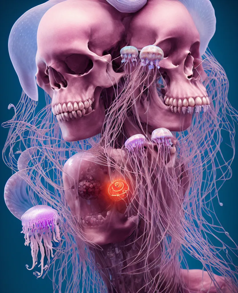 Image similar to goddess close-up portrait human skeleton, ram skull, jellyfish, orchid, betta fish, bioluminiscent, intricate artwork by Tooth Wu and wlop and beeple. octane render, trending on artstation, greg rutkowski very coherent symmetrical artwork. cinematic, hyper realism, high detail, octane render, 8k