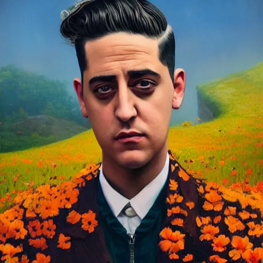 Prompt: G-Eazy made out of flowers, surreal landscaping in the background, portrait by Esao Andrews, concept art, existential horror, 4k HD, trending on ArtStation