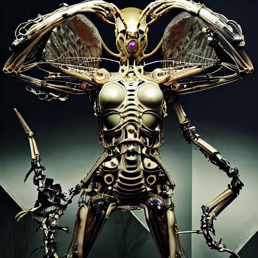 Image similar to still frame from Prometheus movie by Makoto Aida, flying biomechanical angel gynoid by giger, mimicking devil's flower mantis, metal couture by Guo pei, editorial by Malczewski and by Caravaggio