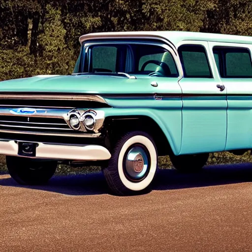 Prompt: 1960 Ford Pickup and 2015 Chevy Tahoe mixed into one SUV, Retro Aesthetic with Modern Features, Advanced Automobile, Premium SUV, 4K, Photo