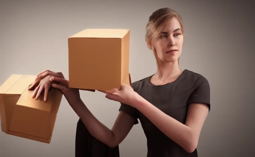 Prompt: a woman holding a box, unreal engine