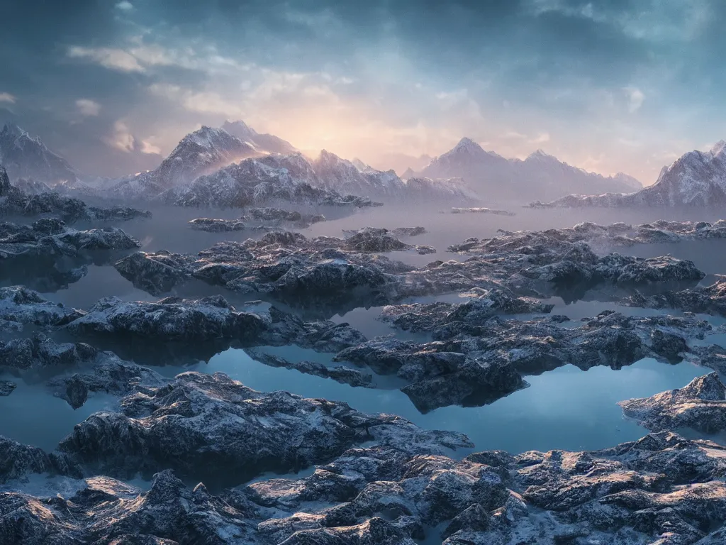 Image similar to epic crystalline taiga with a lake, golden hour, rocky ground, distant mountains with top on snow, atmospheric perspective, altostratus clouds, planets, cinematic, 3 5 mm lens, photographic, octane render, cinematography by roger deakins, in the style of ansel adams