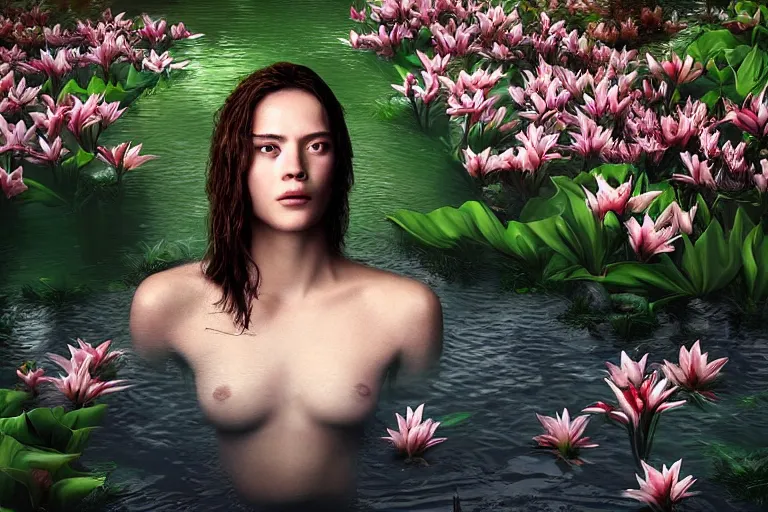 Image similar to hyperrealistic cinematic 3 d portrait of a woman's head and shoulders floating below the surface of a pond, surrounded by a forrest of lillies, deep focus, intricate, elegant, highly detailed, matte, sharp focus, by bill henson and gregory crewdson and james jean, trending on artstation