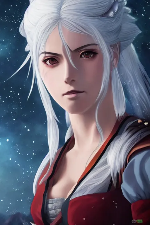 Image similar to anime portrait of ciri from the witcher dressed as a samurai, in the background you can see the milky way. official art, key visual, studio lightning, very detailed bd cover, Studio Ghibli, hyperrealistic, artstationextreme detail, caustics, trending on Artstation, 8K, octane renderer, rtx on