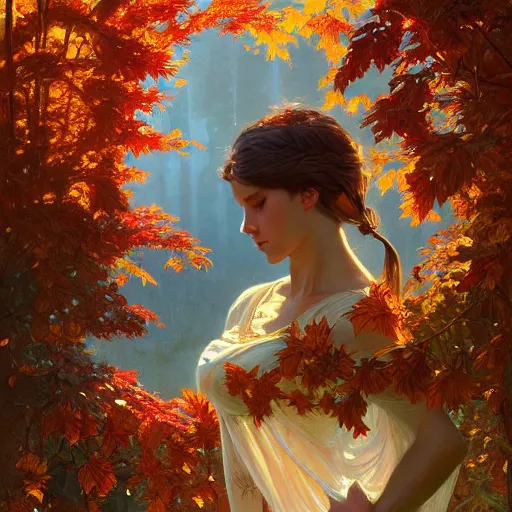 Image similar to ! dream summer becomes autumn, intricate, highly detailed, digital painting, artstation, concept art, smooth, sharp focus, illustration, unreal engine 5, 8 k, art by artgerm and greg rutkowski and alphonse mucha