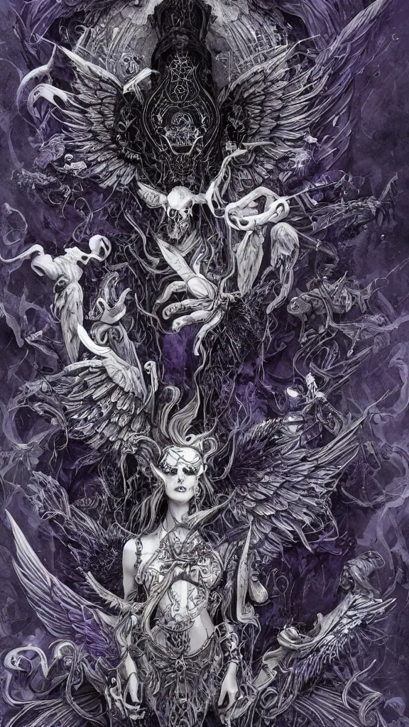 Image similar to dark aether, angel cannabis wings, skulls, dark THC atmosphere, detailed linework, black blue purple and white trychomes, cinematic, psychedelic, black hemp paper, ornate, symmetrical, tarot card, highly detailed, ink illustration, style of peter mohrbacher, golden ratio, 8k