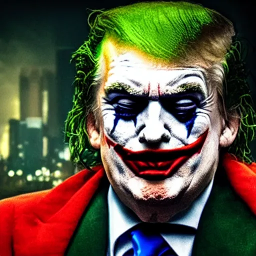 Image similar to stunning awe inspiring donald trump as the joker, movie still 8 k hdr atmospheric lighting