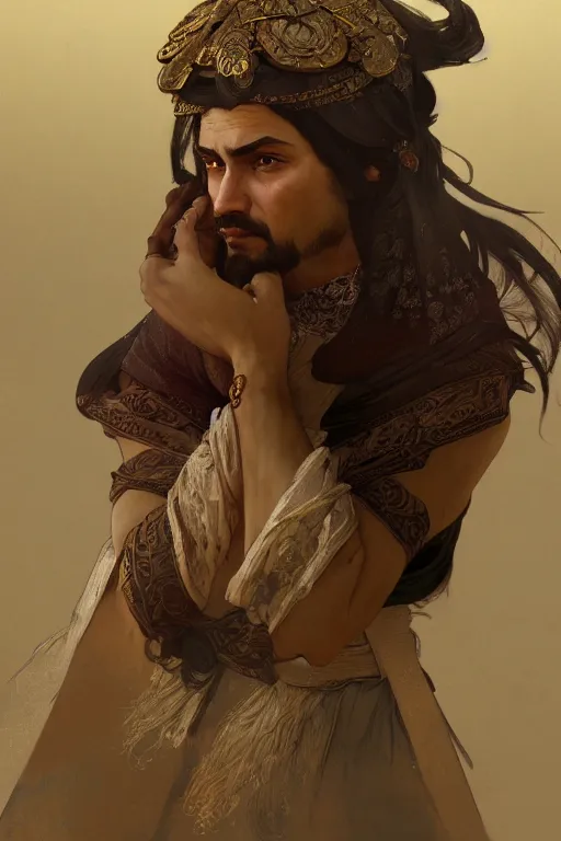 Image similar to A full portrait of an ancient Persian traveling merchant intricate, elegant, highly detailed, digital painting, artstation, concept art, smooth, sharp focus, illustration, art by Krenz Cushart and Artem Demura and alphonse mucha