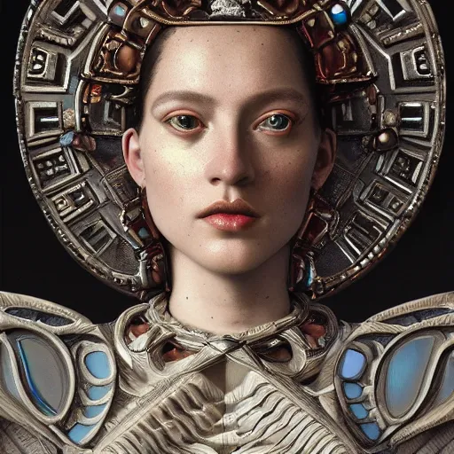 Prompt: a baroque neoclassicist closeup renaissance portrait of a robot queen with moth wings with iridescent geometric patterns, reflective detailed textures, dark fantasy science fiction painting by diego rivera and jean delville and nicholas roerich and sam spratt, dramatic lighting, gleaming silver and muted colors, artstation, octane render