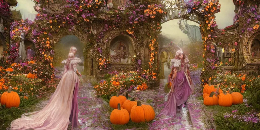 Image similar to fairytale princess entering the gates of her majestic palace of flowers , with horse driven , carriage made of pumpkins , epic scene unreal render depth of focus blur hyperrealistic detail Star Wars mucha Alice Tim burton fantasy art behance