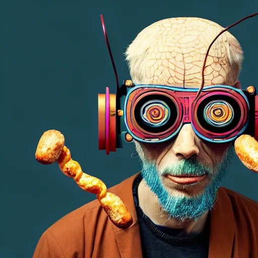 Image similar to Colour Photography of 1000 years old man with highly detailed 1000 years old face wearing higly detailed cyberpunk VR Headset designed by Josan Gonzalez. Man eating higly detailed hot-dog. In style of Josan Gonzalez and Johannes Vermeer and Mike Winkelmann and Caspar David Friedrich. Rendered in Blender