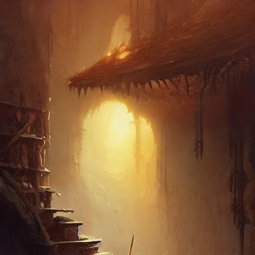 Image similar to a warg sleeping on a mat in a corner of a adobe house, torchlit, concept art by marc simonetti and christophe vacher, trending on artstation