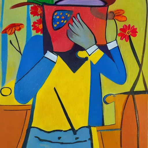 Image similar to man pouring water on head, flowers are in a pot on his head, the pot is part of his head, abstract expressionism, oil on canvas