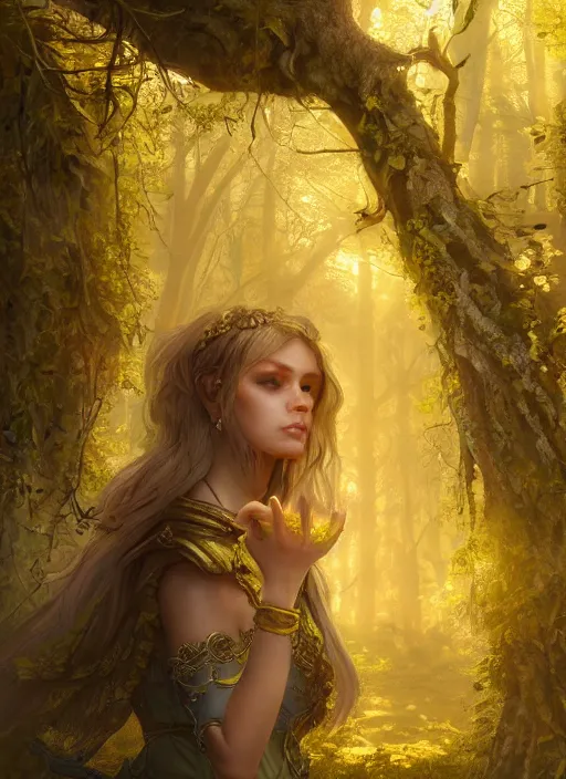 Image similar to Beautiful art portrait of a female fantasy cleric in a bright temple surrounded by yellow spring forest and dead trees, evening, atmospheric lighting, intricate detail, cgsociety, hyperrealistic, octane render, RPG portrait, ambient light, dynamic lighting