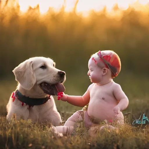 Prompt: jake olson photography of a cute baby and a dog, on a field, golden light, shallow depth of field, realistic face, highly detailed