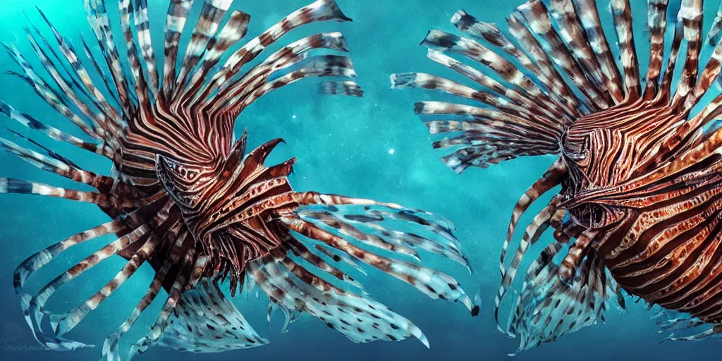 Prompt: lionfish, stylized layered textures, long flowing fins, bioluminescent orbs, 3 d render, substance painter, glowing eye, smooth, sharp focus, art by h r giger