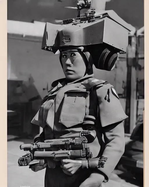 Image similar to Photos of a Kerberos Panzer Cop, hyperreal, Atmospheric, 1950s Japan, full Color, Science Fiction