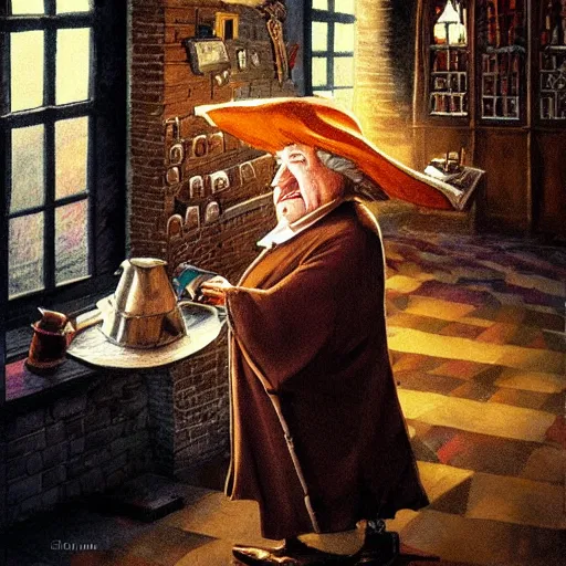 Prompt: Nanny Ogg as a motherly professor in Hogwarts School of Witchcraft and Wizardry, detailed, hyperrealistic, colorful, cinematic lighting, digital art by Paul Kidby and Jim Kay