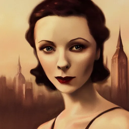 Image similar to a closeup portrait of a young vivian leigh, 1 9 2 0 s city background, gorgeous view, sunset, film noir, depth, by seb mckinnon, by greg rutkowski, by igor kieryluk, digital art, trending on artstation