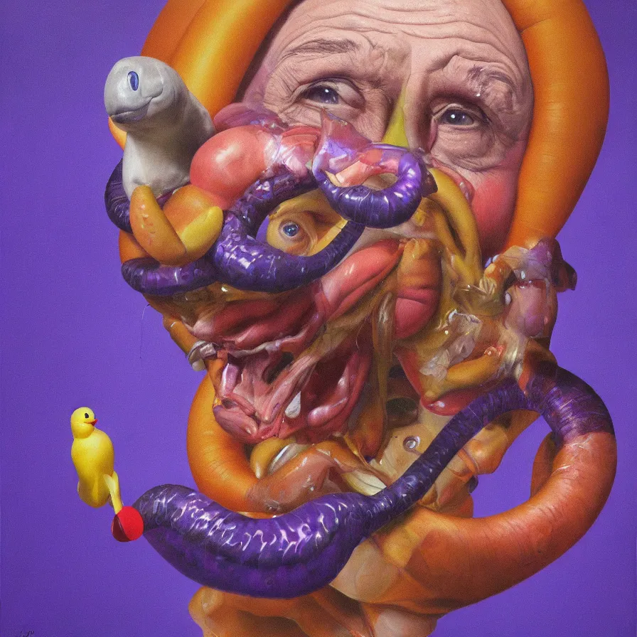 Prompt: rare hyper realistic portrait painting by chuck close, studio lighting, brightly lit purple room, a blue rubber duck with antlers laughing at a giant laughing worm with a clown mask