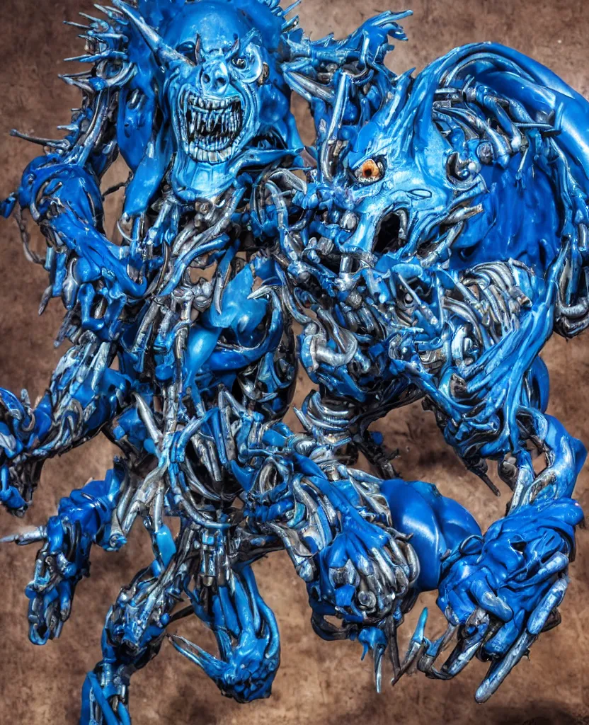 Prompt: a big blue demon maximalist with a biomechanical mouth