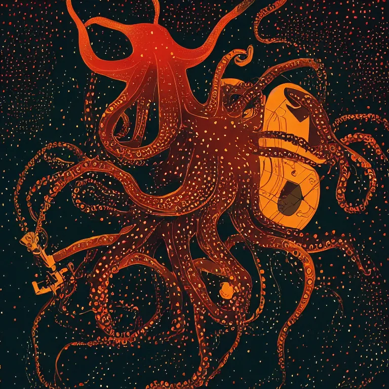 Prompt: a beautiful painting by victo ngai of an octopus playing drums and telecaster guitar in an electronic concert, dark background, concert light, dark mood, warm lights