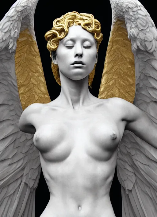 Image similar to a statue made of white marble with gold veins, of an beautiful gorgeous angel girl, full body shot, perfect symmetrical body, perfect symmetrical face, no eyes, hyper realistic, hyper detailed, fujicolor superia 1 6 0 0 photo, by johannen voss, by peter kemp, by monia merlo, by michelangelo octane render, blender, 8 k