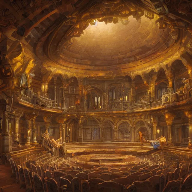 Image similar to an isometric digital painting of an octagonal anatomical theatre by justin gerard, paul bonner, highly detailed, volumetric lighting, digital art, isometric, artstation hd