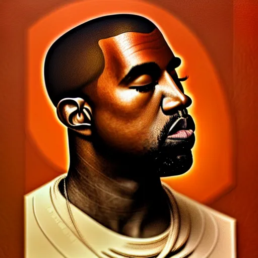 Image similar to a painting of kanye west holding a lamb, side - view, afrofuturistic, ambient, dreamy, by filip hodas and alphonse mucha, detailed facial features, detailed hands, extremely intricate, rendered in blender