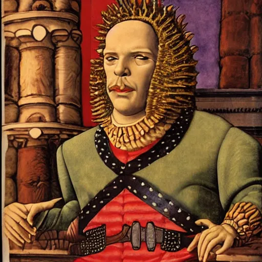 Image similar to portrait of an anthropomorphic ankylosaurus, dressed as an italian king, sandro bottecelli, 1 5 0 0