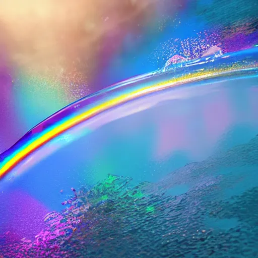 Prompt: a lot of multicolored rainbow iridiscent water splashes, water explosion, render, octane render, 3 d, unreal engine, raytracing, 8 k